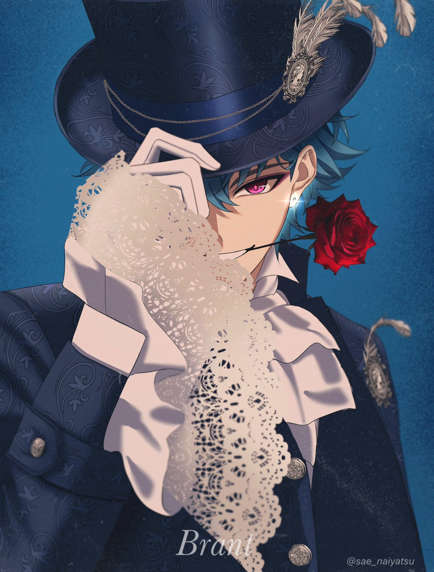 1boy alternate_costume blue_hair blue_jacket brant_(wuthering_waves) commentary flower gloves hat highres jacket long_sleeves looking_at_viewer male_focus mouth_hold pink_eyes red_flower red_rose rose sae_naiyatsu short_hair smile solo symbol-only_commentary top_hat twitter_username upper_body white_gloves wuthering_waves