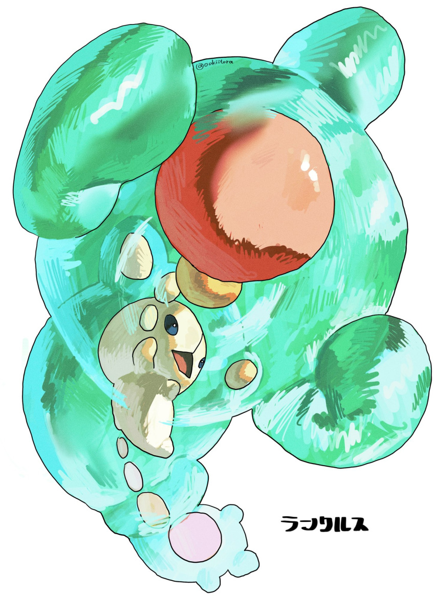 black_eyes character_name colored_skin commentary_request full_body highres no_humans ookiitora128706 open_mouth pokemon pokemon_(creature) pokemon_focus reuniclus see-through_body simple_background solid_oval_eyes solo twitter_username white_background