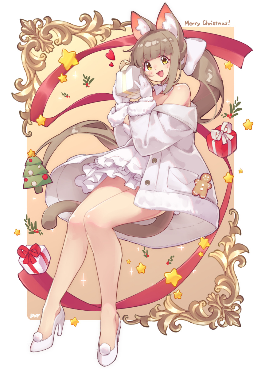 1girl absurdres animal_ear_fluff animal_ears arukiru bare_shoulders blush breasts brown_hair cat_ears cat_girl cat_tail christmas christmas_present christmas_tree commentary_request dress gift gloves hair_ribbon high_heels highres holding holding_gift large_breasts long_hair open_mouth original outside_border ponytail ribbon shoes smile solo tail thighs very_long_hair white_dress white_gloves white_shoes yellow_eyes