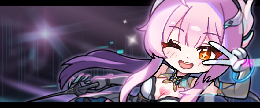 absurdres aemeath_(wuthering_waves) breasts cleavage commentary gloves hair_ornament highres holding holding_sword holding_weapon letterboxed long_hair looking_at_viewer medium_breasts one_eye_closed open_mouth orange_eyes pink_hair smile star-shaped_pupils star_(symbol) sword symbol-shaped_pupils tacet_mark_(wuthering_waves) upper_body v weapon white_gloves wuthering_waves yami_(yami56_u)