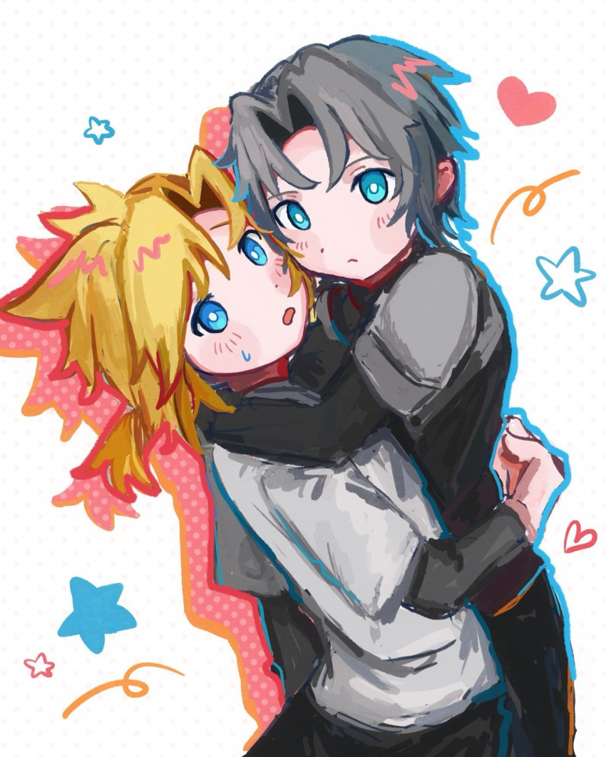 2boys aged_down aqua_eyes arms_around_neck arms_around_waist black_coat black_pants blonde_hair blue_eyes blush_stickers bright_pupils cheek-to-cheek child cloud_strife coat commentary_request drop_shadow final_fantasy final_fantasy_vii final_fantasy_vii:_ever_crisis grey_hair hair_intakes heads_together heart hiceberg104 highres hug layered_shirt long_sleeves looking_at_viewer low_ponytail male_focus medium_hair multiple_boys open_mouth pants parted_bangs ponytail sephiroth sephiroth_(ever_crisis) shirt short_hair short_ponytail standing star_(symbol) sweatdrop upper_body white_background white_pupils white_shirt yaoi