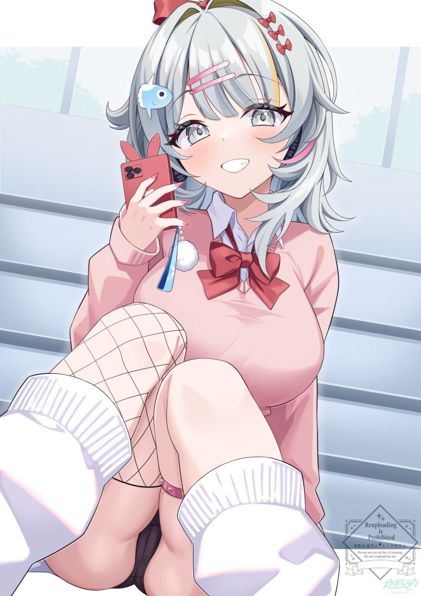 1girl absurdres azur_lane black_panties blush breasts cameltoe cellphone cellphone_strap commentary_request elegant_(sumisumi4268) green_eyes grey_hair grin hair_ornament hairclip highres holding holding_phone large_breasts looking_at_viewer loose_socks medium_hair panties phone pink_sweater red_ribbon ribbon seattle_(azur_lane) sitting smartphone smile socks solo sweater underwear white_socks