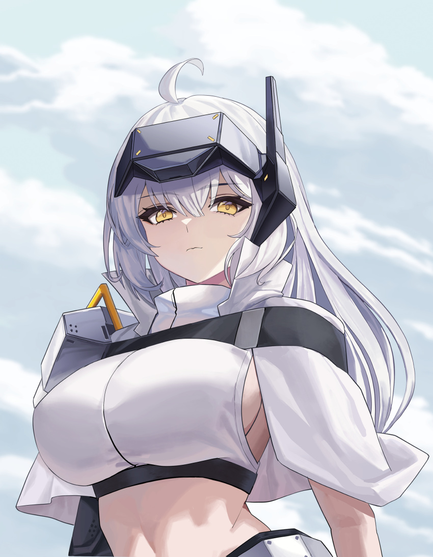 1girl absurdres ahoge breasts capelet cloud cloudy_sky commentary_request draw_hyun goddess_of_victory:_nikke head-mounted_display highres korean_commentary large_breasts mechanical_arms official_alternate_costume official_alternate_design sideboob sky snow_white_(heavy_arms)_(nikke) snow_white_(nikke) solo stomach upper_body visor_(armor) white_capelet white_hair yellow_eyes