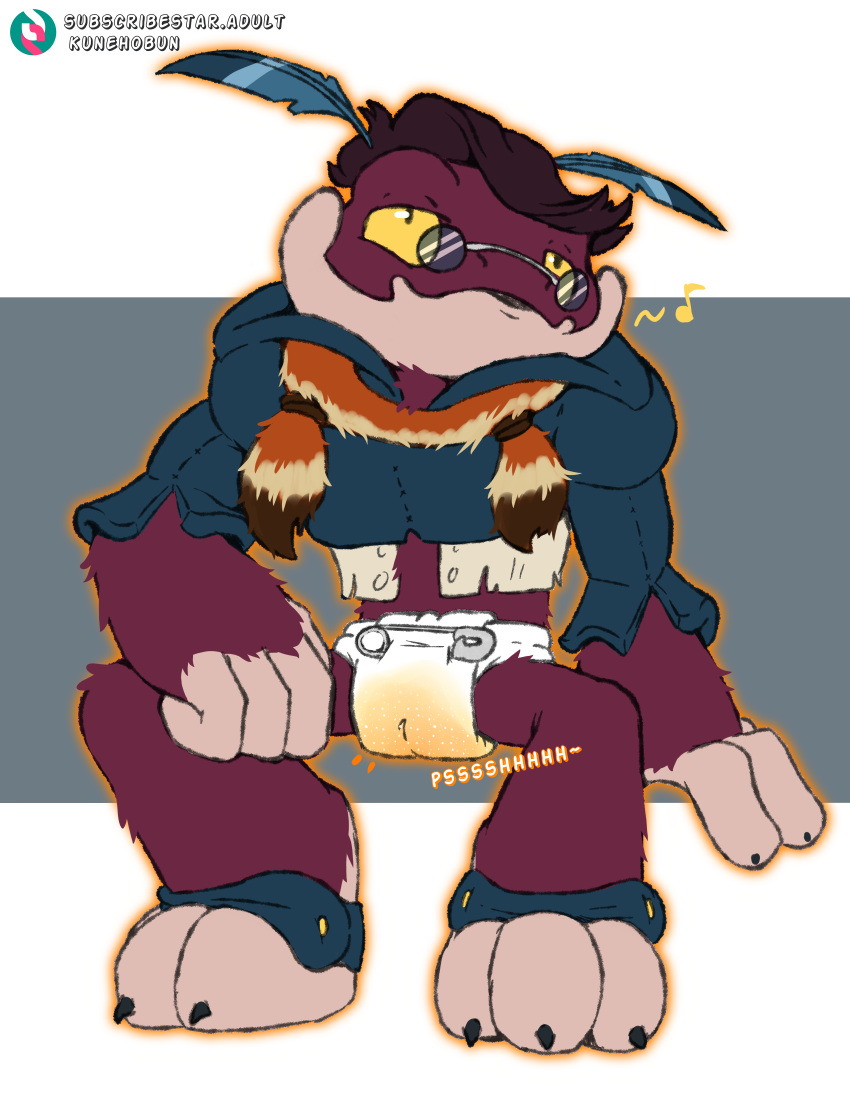 3_toes 5_fingers abdl abstract_background absurd_res accessory animal_feet anthro arm_on_leg arm_on_thigh arm_tuft artist_name babak_(jak_and_daxter) bar_emanata biped black_claws black_finger_claws black_toe_claws blue_accessory blue_body blue_clothing blue_feathers blue_footwear blue_headwear blue_suit bodily_fluids brown_body brown_fur brown_jewelry brown_necklace brown_neckwear brown_rope brown_tail brown_tail_tip brutter_(jak_and_daxter) button_down_shirt chest_tuft claws cloth_diaper clothed clothing collared_shirt colored cuffs_(clothing) diaper diaper_fetish digital_drawing_(artwork) digital_media_(artwork) dipstick_tail dress_shirt eighth_note emanata extruded_text eyewear feather_accessory feather_in_hair feathers feet finger_claws fingers foot_cuffs footwear formal_suit fox_tail fur fur_neckwear fur_pelt fur_tuft genital_fluids glasses glistening glistening_eyes glistening_eyewear glistening_glasses glowing_outline grey_background grey_safety_pin hair hair_accessory hairless_face hairless_feet hairless_fingers hand_on_ground hand_tuft headgear headwear hi_res humanoid_hands jak_and_daxter jewelry knee_tuft kuuneho leg_tuft looking_into_the_distance loose_feather lurker_(jak_and_daxter) magenta_body magenta_fur male mammal mane mane_hair markings matted_fur multicolored_body multicolored_fur multicolored_jewelry multicolored_necklace multicolored_neckwear multicolored_tail musical_note musical_symbol naughty_dog necklace neckwear onomatopoeia orange_body orange_fur orange_jewelry orange_necklace orange_neckwear orange_outline orange_tail orange_text outline pantsless pantsless_anthro pantsless_male peeing primate psssh purple_arms purple_body purple_face purple_fur purple_hair purple_legs purple_mane purple_skin purple_snout purple_torso purple_tuft relieved rope safety_pin shirt sighing simple_background sitting solo sony_corporation sony_interactive_entertainment sound_effects spurs_(anatomy) subscribestar subscribestar_logo subscribestar_username suit symbol tail tail_markings tan_body tan_fur tan_jewelry tan_necklace tan_neckwear tan_tail text tilde_after_text toe_claws toes topwear torn_clothing tuft unclean_diaper urine url used_diaper using_diaper wearing_diaper wearing_eyewear wearing_glasses wet_diaper wetting wetting_diaper whistling white_background white_button white_button-down_shirt white_button_(fastener) white_diaper white_dress_shirt white_text yellow_button yellow_eyes yellow_sclera