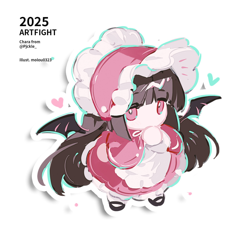 1girl apron art_fight_attack ball_hands bat_wings black_shoes blunt_bangs bonnet borrowed_character brown_hair chibi chibi_only commentary dress drop_shadow english_commentary frilled_dress frills full_body gift_art hand_up heart highres long_hair long_sleeves moroo original outline pink_bonnet pink_dress pink_eyes shoes simple_background solo standing twitter_username white_apron white_background white_outline wings