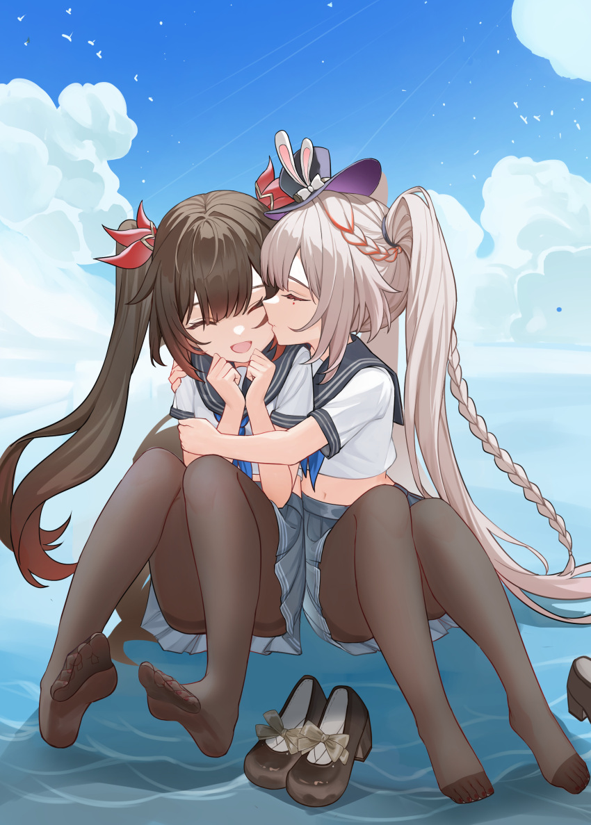 1girl 2girls ^_^ absurdres alternate_costume black_hat black_pantyhose brown_hair closed_eyes cloud cloudy_sky commentary_request facial_mark grey_skirt hair_between_eyes hair_intakes happy hat highres honkai:_star_rail honkai_(series) kiss kissing_cheek lao_xi long_hair mini_hat mini_top_hat multiple_girls navel no_shoes open_mouth outdoors pantyhose pleated_skirt school_uniform shirt shoes short_sleeves sitting skirt sky smile sparkle_(honkai:_star_rail) sparxie_(honkai:_star_rail) top_hat twintails very_long_hair water white_hair white_shirt yuri