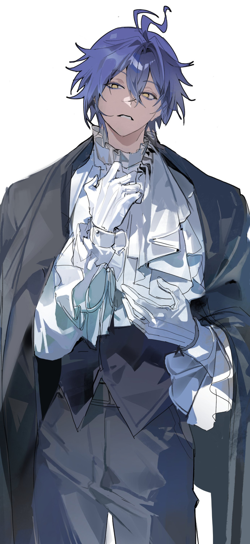 1boy absurdres arms_up ascot black_coat black_pants black_vest blue_eyes buri04660072364 coat coat_on_shoulders double-parted_bangs flins_(genshin_impact) frilled_shirt frilled_sleeves frills genshin_impact gloves hair_between_eyes highres looking_to_the_side male_focus pants parted_lips shirt sideways_glance simple_background solo standing vest white_ascot white_background white_gloves white_shirt yellow_eyes
