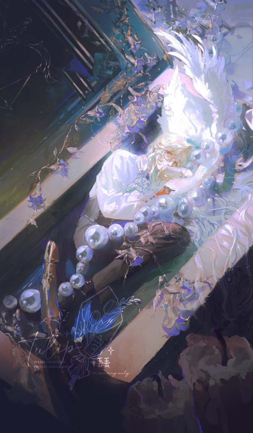 1boy 2195305919 absurdres angel's_trumpet ascot bird black_corset black_pants black_shoes blonde_hair blue_flower blue_gem book brooch candle chinese_commentary closed_mouth commentary_request commission corset cuff_links curtained_hair earrings expressionless fetal_position flower full_body gem glasses hair_between_eyes hair_flowing_over hand_to_own_mouth highres in_container jewelry long_hair long_hair_between_eyes long_sleeves lord_of_the_mysteries lying male_focus necklace on_side open_book oversized_object pants pearl_necklace plant quill semi-rimless_eyewear shirt shoes sideways_glance solo swan trunsoest_(lord_of_the_mysteries) under-rim_eyewear unworn_jewelry unworn_necklace very_long_hair vines watermark wavy_hair white_ascot white_shirt yellow_eyes