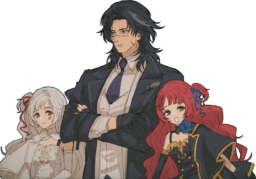 1boy 2girls asymmetrical_gloves black_coat black_collar black_dress black_eyes black_gloves black_hair black_jacket black_necktie blue_flower blue_ribbon blue_rose blunt_bangs breasts character_request cleavage closed_mouth coat collar collared_jacket collared_shirt commentary_request copyright_request crossed_arms detached_collar dress elbow_gloves expressionless eyelashes fingerless_gloves flower forehead formal_clothes gloves green_eyes hair_ribbon happy height_difference high_collar highres hino_(8) jacket jacket_partially_removed lapels layered_sleeves leaning_forward light_frown long_hair long_sleeves looking_to_the_side medium_hair mismatched_gloves multiple_girls multiple_scars neck_flower necktie notched_lapels one_side_up open_clothes open_coat open_jacket open_mouth parted_bangs pinstripe_pattern pinstripe_vest red_eyes red_hair red_ribbon ribbon rose scar scar_on_cheek scar_on_face shirt short_sleeves simple_background single_elbow_glove sleeve_cuffs sleeveless sleeveless_dress small_breasts smile upper_body very_long_hair vest wavy_hair white_background white_collar white_dress white_gloves white_hair white_jacket white_shirt white_vest