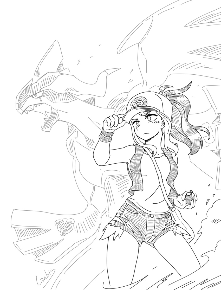 1girl absurdres adjusting_clothes adjusting_headwear baseball_cap breasts commentary_request dust_cloud english_commentary expressionless galois hat hatching_(texture) highres hilda_(pokemon) holding holding_poke_ball korean_commentary medium_breasts military_vehicle mixed-language_commentary monochrome motor_vehicle poke_ball pokemon pokemon_(creature) pokemon_bw ponytail short_shorts shorts sidelocks signature tank vest wristband zekrom