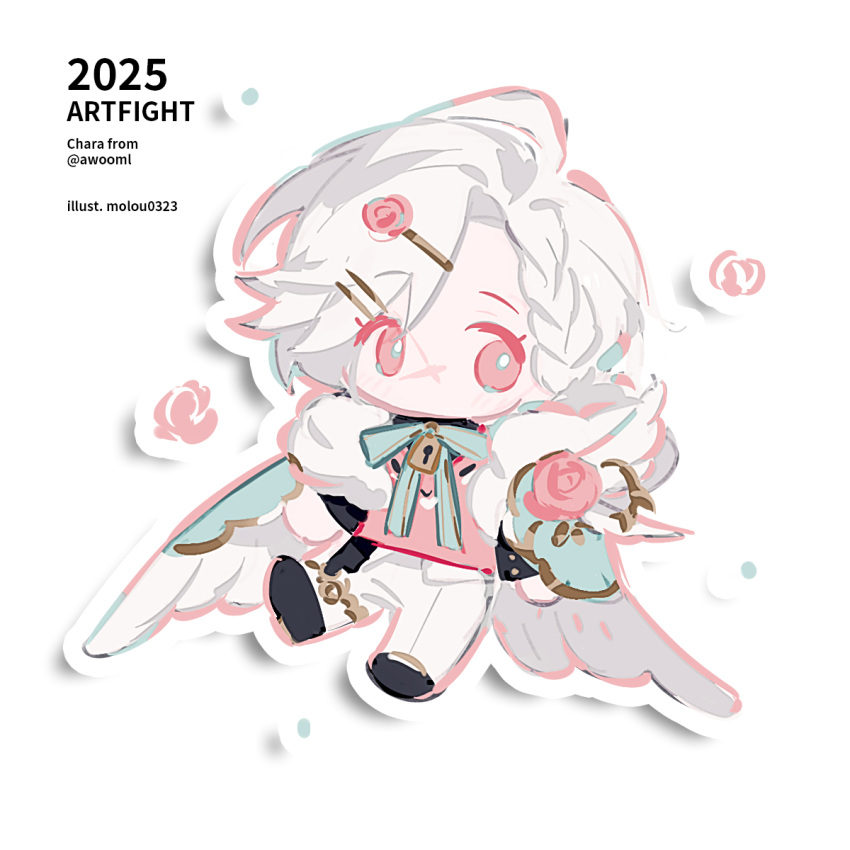 1girl art_fight_attack black_shoes blue_bow blue_bowtie bow bowtie chibi chibi_only commentary english_commentary feathered_wings flower full_body gift_art hair_ornament hairclip highres looking_at_viewer moroo no_mouth original pants parallel_hairclips pink_eyes pink_flower pink_rose pink_shirt rose shirt shoes short_hair simple_background solo twitter_username white_background white_hair white_pants white_wings wings