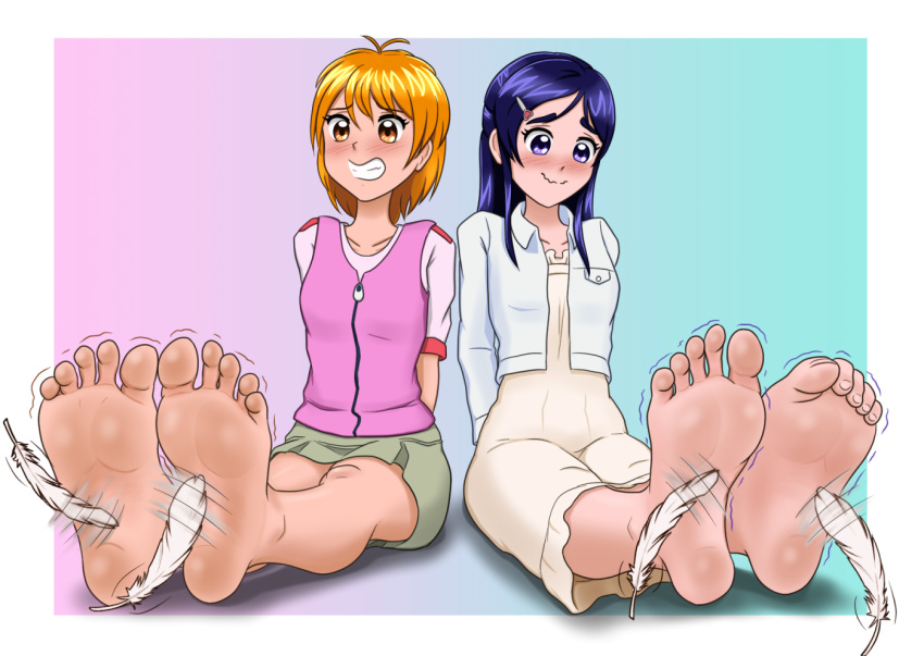 2girls :d antenna_hair aqua_background arms_behind_back bare_legs barefoot blue_eyes blue_hair blush border breast_pocket brown_skirt clenched_teeth closed_mouth collarbone collared_jacket commentary commission dress feathers feet flickmann_ss foot_focus frilled_dress frills full_body furrowed_brow futari_wa_precure gradient_background hair_between_eyes hair_ornament hairclip jacket long_hair long_sleeves looking_down medium_dress medium_hair miniskirt misumi_nagisa multiple_girls on_floor orange_eyes orange_hair outstretched_legs pink_background pink_jacket pink_shirt pixiv_commission pleated_skirt pocket precure red_trim shirt sitting skirt sleeveless sleeveless_jacket smile soles split_mouth swept_bangs teeth thick_eyebrows three-quarter_sleeves tickling tickling_feet toe_scrunch toenails toes trembling two-tone_background wavy_mouth white_border white_dress white_feathers white_jacket yukishiro_honoka zipper zipper_pull_tab