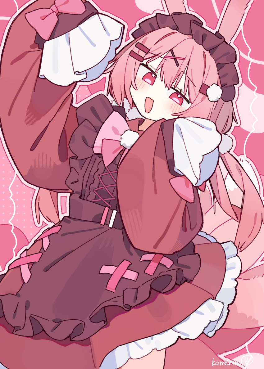 1girl :d absurdres animal_ears apron arm_up artist_name black_apron black_headdress blush bow bowtie commentary_request cowboy_shot dress frilled_apron frills hair_between_eyes hair_ornament hairclip hand_up head_tilt headdress highres komerina long_hair long_sleeves looking_at_viewer low_twintails maid maid_apron maid_headdress no_nose no_pupils open_mouth original parallel_hairclips pink_background pink_bow pink_bowtie pink_eyes pink_hair pom_pom_(clothes) pom_pom_hair_ornament puffy_long_sleeves puffy_sleeves red_dress sea_slug_ears sea_slug_girl short_dress sidelocks sleeves_past_fingers sleeves_past_wrists smile solo standing twintails x_hair_ornament