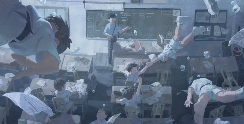 6+boys air_bubble belt black_hair blue_shirt book bubble chair chalkboard child chinese_commentary classroom commentary_request desk glasses highres holding_hands indoors mayozom multiple_boys original papers pencil school_desk school_uniform shirt shoes short_hair short_sleeves shorts single_shoe sitting standing teacher underwater white_shirt white_shoes white_shorts