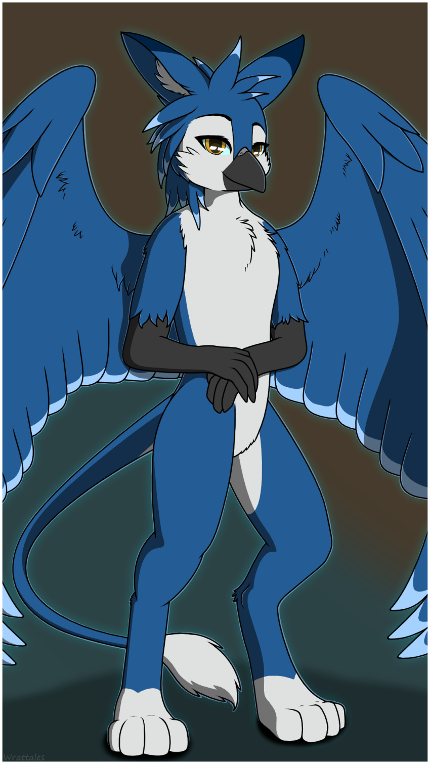 anthro avian big_ears big_wings blue_body blue_feathers blue_fur border chest_tuft closed_beak digitigrade feathers featureless_chest featureless_crotch feline_paws female female_anthro fluffy fluffy_chest fur gryphon hi_res looking_at_viewer multicolored_body mythological_avian mythological_creature mythology open_wings paws rinna_(wrattales2022) shaded shy simple_background simple_shading solo standing tail tail_tuft talon_hands tuft white_body white_fur wings wrattales2022 wringing_hands yellow_eyes