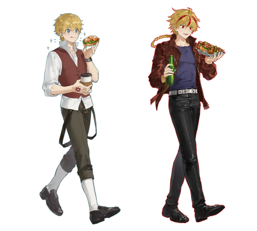 2boys :q absurdres beer_bottle belt black_pants black_shoes blonde_hair blue_eyes blue_outline blue_shirt bottle braid command_spell commentary_request cup disposable_cup fate/grand_order fate/strange_fake fate_(series) flat_escardos food full_body grey_pants highres holding holding_bottle holding_cup holding_food hot_dog jacket korean_commentary male_focus multicolored_hair multiple_boys outline pants pants_rolled_up potato_goril red_eyes red_hair red_jacket red_outline red_vest richard_i_(fate) sandwich shirt shoes simple_background socks streaked_hair tongue tongue_out two-tone_hair undershirt vest watch white_background white_shirt white_socks wristwatch