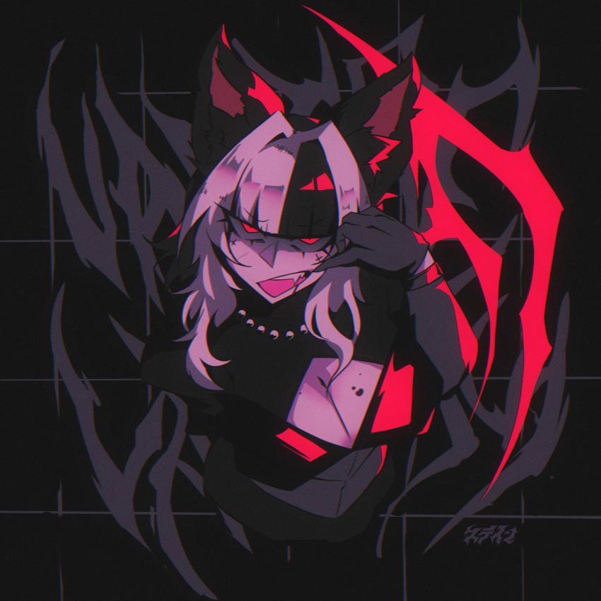 1girl animal_ear_fluff animal_ears black_background black_hair black_jacket blunt_bangs breasts cleavage commentary cropped_torso english_commentary fang grey_hair hair_intakes hand_up highres jacket large_breasts long_hair long_sleeves looking_at_viewer multicolored_hair open_mouth original red_eyes sanpaku shaded_face solo st41nn two-tone_hair vampire