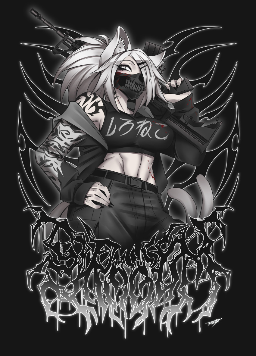 1girl absurdres animal_ear_fluff animal_ears arm_tattoo black_background black_jacket black_pants black_sports_bra breasts clothes_writing commentary commission english_commentary gun hair_over_one_eye hand_on_own_hip highres holding holding_gun holding_weapon jacket jacket_partially_removed large_breasts long_hair long_sleeves looking_to_the_side mask midriff mouth_mask multiple_tails one_eye_covered original pants parted_bangs rifle skull_mask solo sports_bra st41nn tail tattoo two_tails weapon white_eyes white_hair