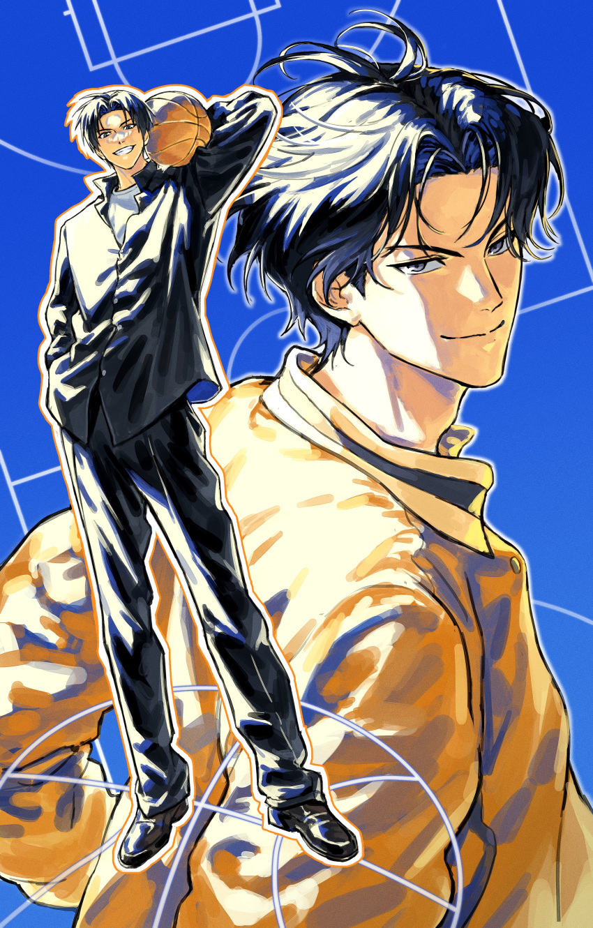 1boy absurdres arm_up ball basketball_(object) black_hair black_pants blue_background closed_mouth commentary_request full_body gakuran grey_eyes grin hand_in_pocket highres holding holding_ball jacket korean_commentary kuroko_no_basuke looking_at_viewer male_focus multiple_views outline pants school_uniform shirt short_hair smile standing takao_kazunari tmcks_912 white_shirt yellow_jacket