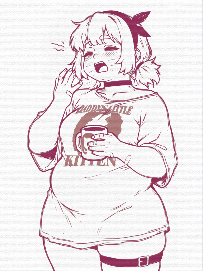 1girl arknights bandaid bandaid_on_arm blush caffichai choker closed_eyes clothes_writing collarbone commentary cowboy_shot cup english_commentary english_text facial_mark github hairband highres holding holding_cup octocat pudding_(arknights) shirt short_sleeves short_twintails simple_background solo t-shirt teeth thick_eyebrows thigh_strap twintails upper_teeth_only whisker_markings white_background yawning