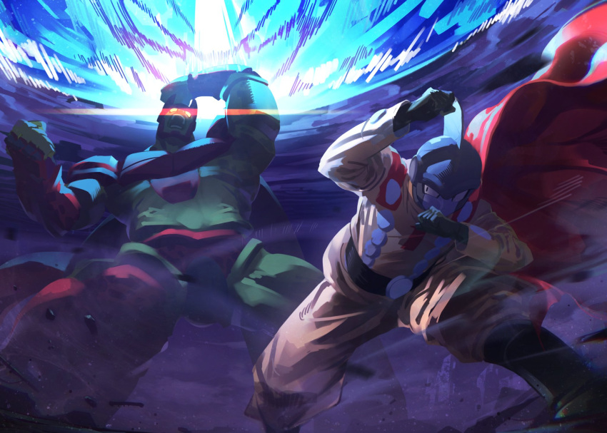 2boys android aura battle cape cell_max colored_skin commentary dragon_ball dragon_ball_super dragon_ball_super_super_hero dust english_commentary fins gamma_1 gamma_2 glowing glowing_eyes green_skin grey_skin head_fins highres jacket multiple_boys red_cape red_eyes solo_focus terminal_000 yellow_jacket