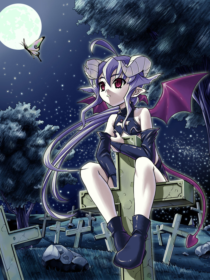 bug butterfly copyright_request demon_girl gattsun graveyard highres horns insect pale_skin pink_eyes purple_hair solo tail wings