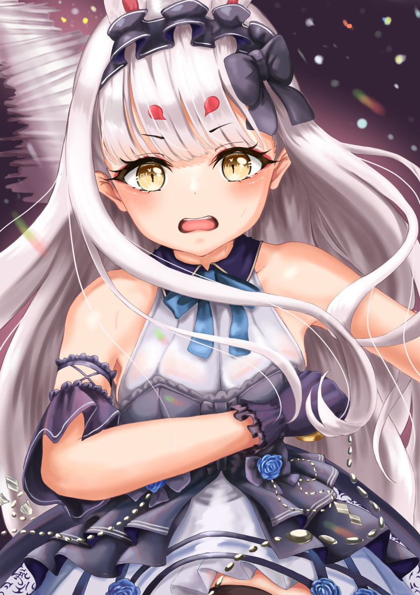 1girl absurdres animal_ears astraea_9029 azur_lane black_bow black_gloves blue_dress bow commentary_request dress dress_flower flower frilled_gloves frilled_hairband frills gloves hair_bow hairband highres layered_dress long_hair looking_at_viewer official_alternate_costume open_mouth rabbit_ears shimakaze_(azur_lane) shimakaze_(the_white_rabbit_of_wonderland)_(azur_lane) sleeveless sleeveless_dress solo teeth upper_teeth_only very_long_hair white_hair yellow_eyes
