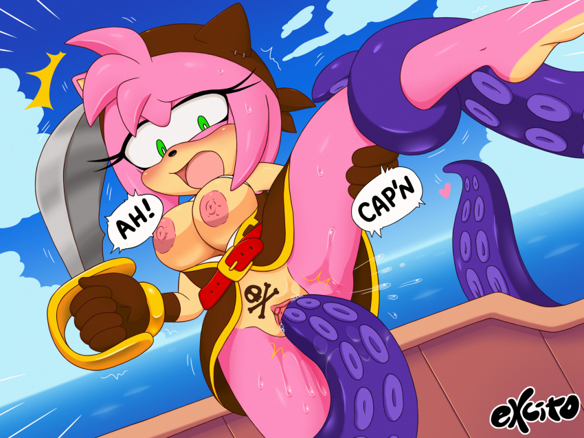 amy_rose anthro barefoot belt black_rose_(sonic) blush bodily_fluids bottomless breasts captured clothed clothing cloud duo eulipotyphlan excito exposed_breasts feet female feral forced fur gasp genital_fluids gloves handwear heart_symbol hedgehog hi_res kerchief kraken mammal marine melee_weapon multicolored_body netflix open_mouth penetration pink_body pink_fur pirate pirate_hat pirate_outfit pubic_tattoo rape restrained restrained_by_tentacles sea sega sex ship skull_and_crossbones sonic_prime sonic_the_hedgehog_(series) speech_bubble spread_legs spreading struggling surprised sword tattoo tentacle_in_vagina tentacle_penetration tentacle_rape tentacle_sex tentacles two_tone_body vaginal vaginal_fluids vaginal_penetration vehicle water watercraft weapon worried yellow_body yellow_fur