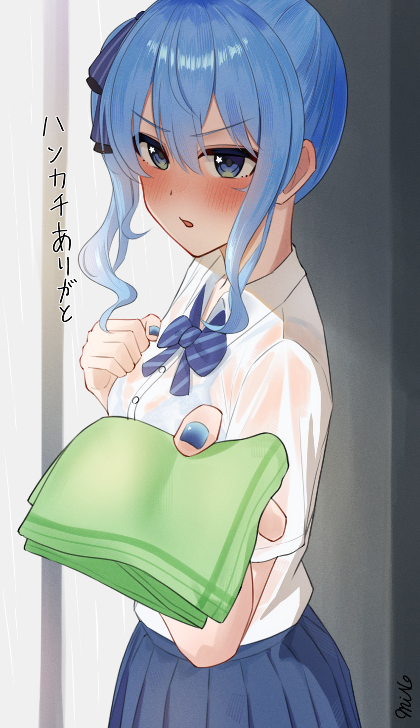 1girl absurdres asymmetrical_sidelocks blue_bow blue_bowtie blue_eyes blue_hair blue_nails blue_ribbon blue_skirt blush bow bowtie bra breasts commentary_request double-parted_bangs hair_between_eyes hair_ribbon handkerchief hands_up highres holding holding_handkerchief hololive hoshimachi_suisei looking_at_viewer medium_hair mino_(miiiinon611) nail_polish open_mouth pleated_skirt rain ribbon see-through_clothes see-through_shirt shirt shirt_tucked_in short_sleeves side_ponytail sidelocks skirt small_breasts solo star_(symbol) star_in_eye symbol_in_eye taking_shelter translation_request underwear v-shaped_eyebrows virtual_youtuber wet wet_clothes wet_shirt white_bra white_shirt