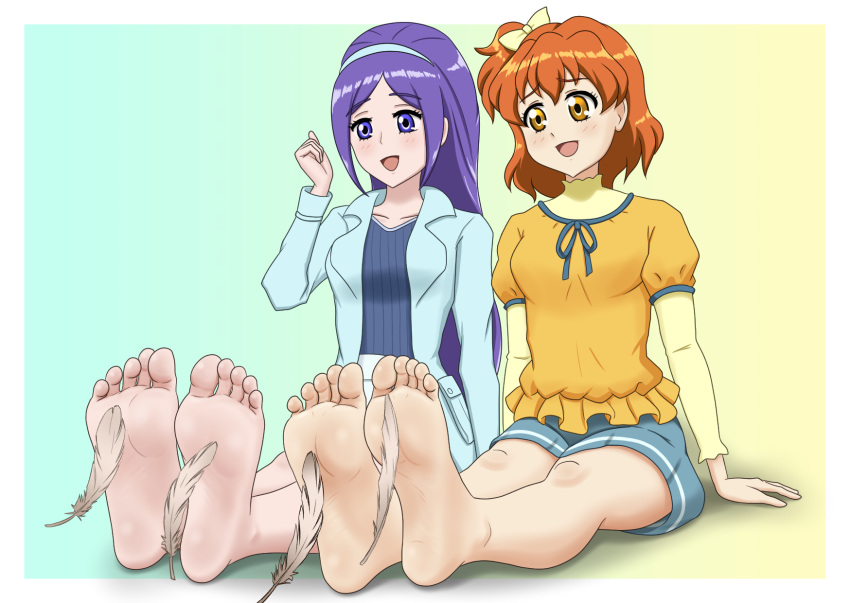 2girls :d aono_miki aqua_background arm_support bare_legs barefoot blouse blue_hairband blue_jacket blue_skirt blue_trim blush border bow breasts brown_eyes brown_hair collarbone commentary commission feathers feet flickmann_ss foot_focus fresh_precure! frilled_shirt frills furrowed_brow gradient_background hair_bow hairband hand_up highres jacket lapels layered_sleeves long_hair long_sleeves looking_down medium_breasts miniskirt multiple_girls on_floor one_side_up open_clothes open_jacket open_mouth outstretched_legs pixiv_commission pocket precure puffy_short_sleeves puffy_sleeves purple_eyes purple_hair ribbed_shirt shirt short_hair short_over_long_sleeves short_sleeves sitting skirt smile soles straight_hair tickling tickling_feet toes two-tone_background v-neck white_border white_feathers white_skirt yamabuki_inori yellow_background yellow_bow yellow_shirt