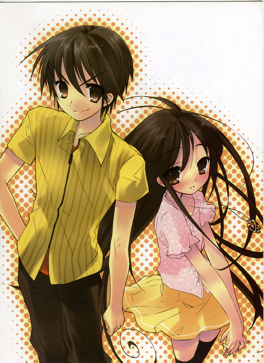 1girl alastor_(shakugan_no_shana) brown_eyes brown_hair casual height_difference highres itou_noiji jewelry long_hair non-web_source pendant sakai_yuuji shakugan_no_shana shana tall thighhighs