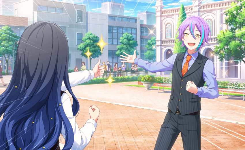 6+boys 6+girls :d bag black_hair black_pants black_shoes black_sweater_vest blue_hair blue_shirt blue_sky brown_hair brown_shoes child closed_mouth cloud colorful_palette emphasis_lines game_cg green_shirt grey_hair hair_ornament hat highres holding junpaku_no_anata_e_chikai_no_uta_wo!_(project_sekai) kamishiro_rui long_hair looking_at_another multicolored_hair multiple_boys multiple_girls neckerchief no_eyes official_art open_mouth orange_hair orange_neckerchief outdoors pants polka_dot_necktie ponytail project_sekai purple_hair red_shorts shiraishi_an shirt shoes shorts shoulder_bag sky sleeves_past_wrists smile sparkle star_(symbol) star_hair_ornament streaked_hair striped_clothes striped_pants striped_vest sweater_vest teeth third-party_source thumbs_up tongue tree twintails two-tone_hair upper_teeth_only vest white_shirt yellow_bag yellow_eyes yellow_shirt