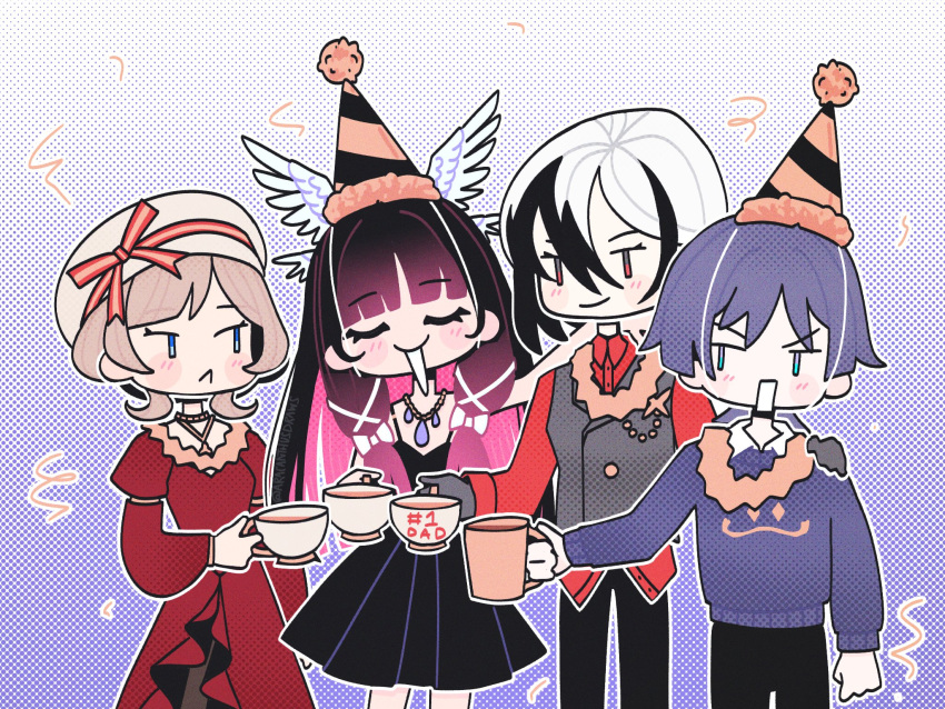 1boy 3girls :< alternate_costume aracanthus38633 arlecchino_(genshin_impact) arm_at_side arm_over_shoulder beret black_dress black_hair black_hands black_pants black_vest blue_eyes blunt_bangs blunt_ends blush bow casual choppy_bangs clenched_hands closed_eyes closed_mouth collared_shirt colored_extremities colored_inner_hair columbina_(genshin_impact) commentary contemporary cup dress dress_shirt english_commentary facing_viewer feathered_wings fur-trimmed_headwear fur_trim genshin_impact gold_necklace gold_pendant gradient_hair hair_bow hair_ornament hair_ribbon hand_on_another's_shoulder hat hat_ribbon head_wings highres holding holding_cup jewelry light_blush long_sleeves looking_at_another multicolored_hair multiple_girls multiple_wings neck_ring necklace open_mouth pants party party_hat pink_hair pleated_dress pom_pom_(clothes) purple_hair purple_sweater red_dress red_eyes red_ribbon red_shirt red_sleeves ribbon sandrone_(genshin_impact) scaramouche_(genshin_impact) shirt short_hair simple_background smile spaghetti_strap streaked_hair sweater swept_bangs teacup tress_ribbon twitter_username undershirt vest white_bow white_hair white_hat white_mouth white_ribbon white_wings wing_collar wing_hair_ornament wings