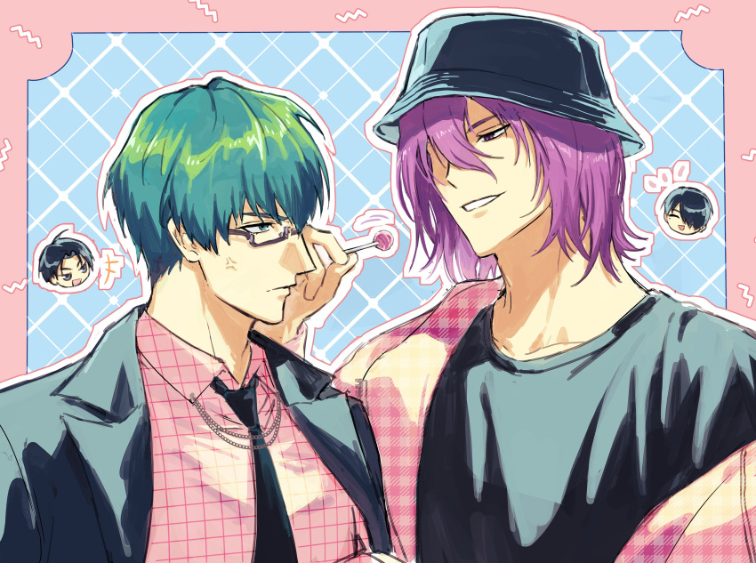 2boys absurdres black-framed_eyewear black_jacket black_necktie black_shirt bucket_hat candy collared_shirt commentary_request food glasses green_eyes green_hair grid_print hat height_difference highres holding holding_candy holding_food holding_lollipop jacket korean_commentary kuroko_no_basuke lollipop looking_at_viewer male_focus midorima_shintarou multiple_boys murasakibara_atsushi necktie outline pink_shirt rectangular_eyewear semi-rimless_eyewear shirt short_hair tmcks_912 under-rim_eyewear white_outline
