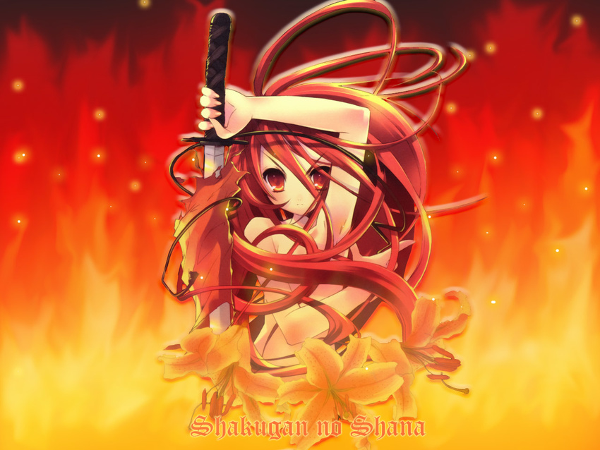 fire flower itou_noiji katana long_hair nude orange_(color) red red_eyes red_hair shakugan_no_shana shana solo sword wallpaper weapon