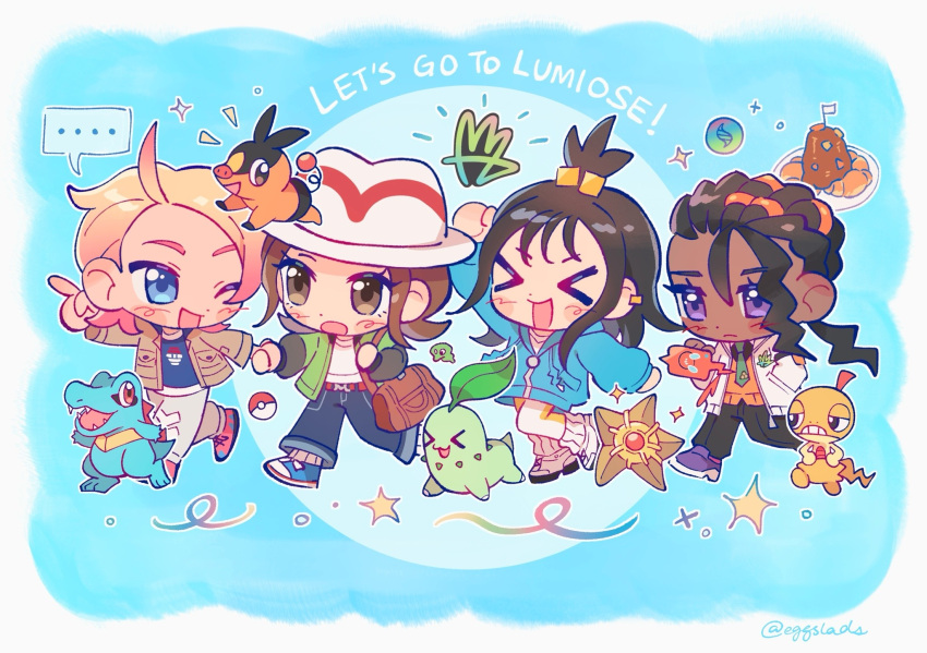 >_< ... 2boys 2girls :3 :d :o :| ahoge arm_up bangs_pinned_back beads belt black_hair black_pants black_sleeves blonde_hair blue_background blue_eyes blue_jacket blue_shirt blue_shoes blush_stickers brown_eyes brown_hair brown_jacket chibi chikorita closed_mouth colored_tips curtained_hair dark_skin denim dreadlocks earrings eggslads english_text eyelashes gold_earrings green_jacket green_necktie hair_beads hair_ornament hair_slicked_back hand_grab hand_in_pocket harmony_(pokemon) hat highres holding holding_phone jacket jeans jewelry leg_warmers leggings lida_(pokemon) long_hair long_sleeves looking_at_another looking_at_phone loose_hair_strand medium_hair mega_evolution_symbol multicolored_hair multiple_boys multiple_girls naveen_(pokemon) necktie notice_lines one_eye_closed orange_sweater_vest pants phone pink_hair pink_shoes pointing poke_ball_print poke_ball_symbol pokemon pokemon_(creature) pokemon_legends:_z-a ponytail puffy_long_sleeves puffy_sleeves purple_eyes purple_shoes raglan_sleeves red_belt rotom rotom_phone scraggy shirt shoes single_earring smile sneakers socks sparkle speech_bubble star_(symbol) staryu sweater_vest swept_bangs tepig thick_eyebrows totodile trilby urbain_(pokemon) v-shaped_eyebrows very_dark_skin walking white_hat white_jacket white_leg_warmers white_leggings white_pants white_shirt white_shoes white_socks white_trim wispy_bangs x3 xd zygarde zygarde_core