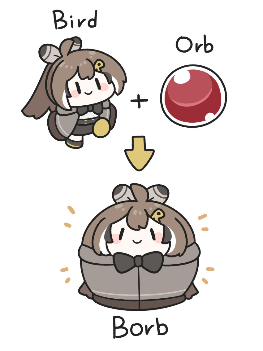 1girl ahoge arrow_(symbol) blush_stickers brown_hair c: chibi commentary derivative_work english_commentary english_text feather_hair_ornament feathers full_body hair_ornament highres hololive hololive_english long_hair looking_at_viewer multicolored_hair nanashi_mumei nanashi_mumei_(1st_costume) orb ponytail simple_background smile streaked_hair underdatv virtual_youtuber white_background |_|