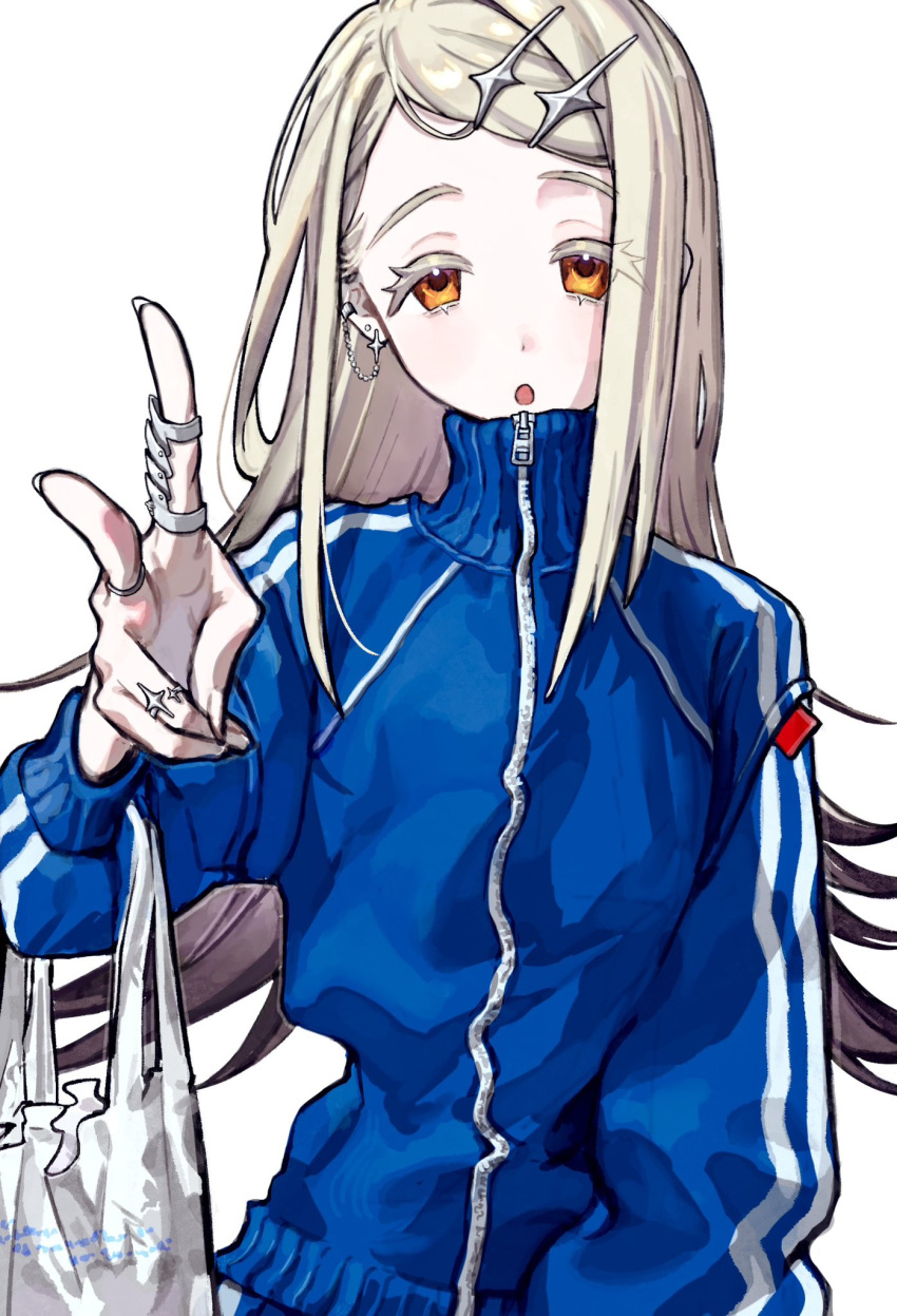 1girl :o bag blonde_hair blue_jacket colored_eyelashes commentary_request ear_chain ear_piercing elbow_carry flipped_hair gakuen_idolmaster gradient_hair grey_hair hair_ornament hairclip hand_up highres hisato_00 idolmaster jacket jewelry linked_piercing long_hair looking_at_viewer multicolored_hair open_mouth orange_eyes parallel_hairclips parted_bangs piercing plastic_bag ring shinosawa_hiro simple_background solo striped_clothes striped_jacket track_jacket track_suit upper_body v white_background zipper zipper_pull_tab