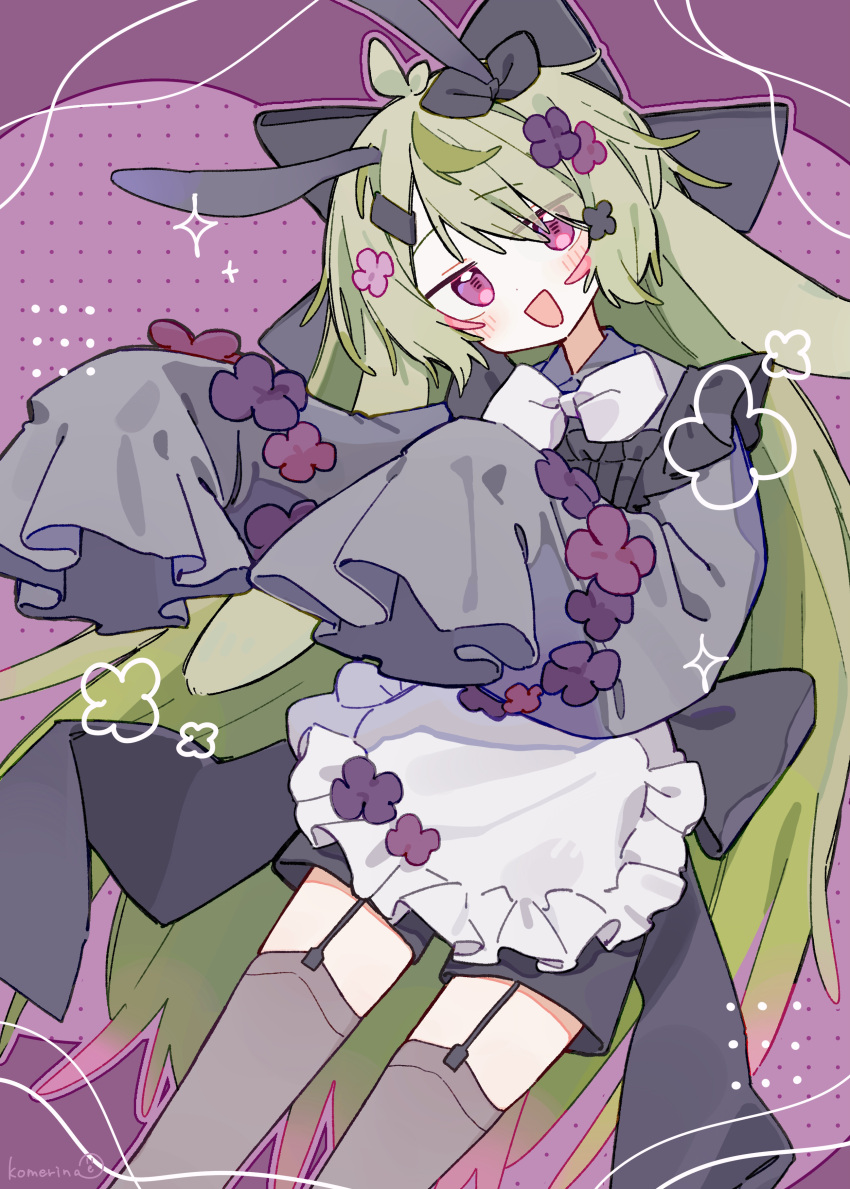 1girl :d absurdres ahoge animal_ears apron artist_name back_bow black_bow black_flower black_shorts blush bow bowtie colored_tips commentary_request cowboy_shot dot_nose dutch_angle flower frilled_apron frills garter_straps gradient_hair green_hair grey_shirt grey_thighhighs hair_between_eyes hair_bow hair_flower hair_ornament hands_up head_tilt highres huge_bow jitome komerina leaning leaning_to_the_side long_hair long_sleeves looking_at_viewer maid maid_apron messy_hair multicolored_hair no_pupils open_mouth original parted_bangs pink_eyes pink_flower pink_hair puffy_long_sleeves puffy_sleeves purple_background purple_flower raised_eyebrows sea_slug_ears sea_slug_girl shirt short_shorts shorts sidelocks sleeves_past_fingers sleeves_past_wrists smile solo standing star_(symbol) thighhighs unconventional_maid very_long_hair waist_apron white_apron white_bow white_bowtie