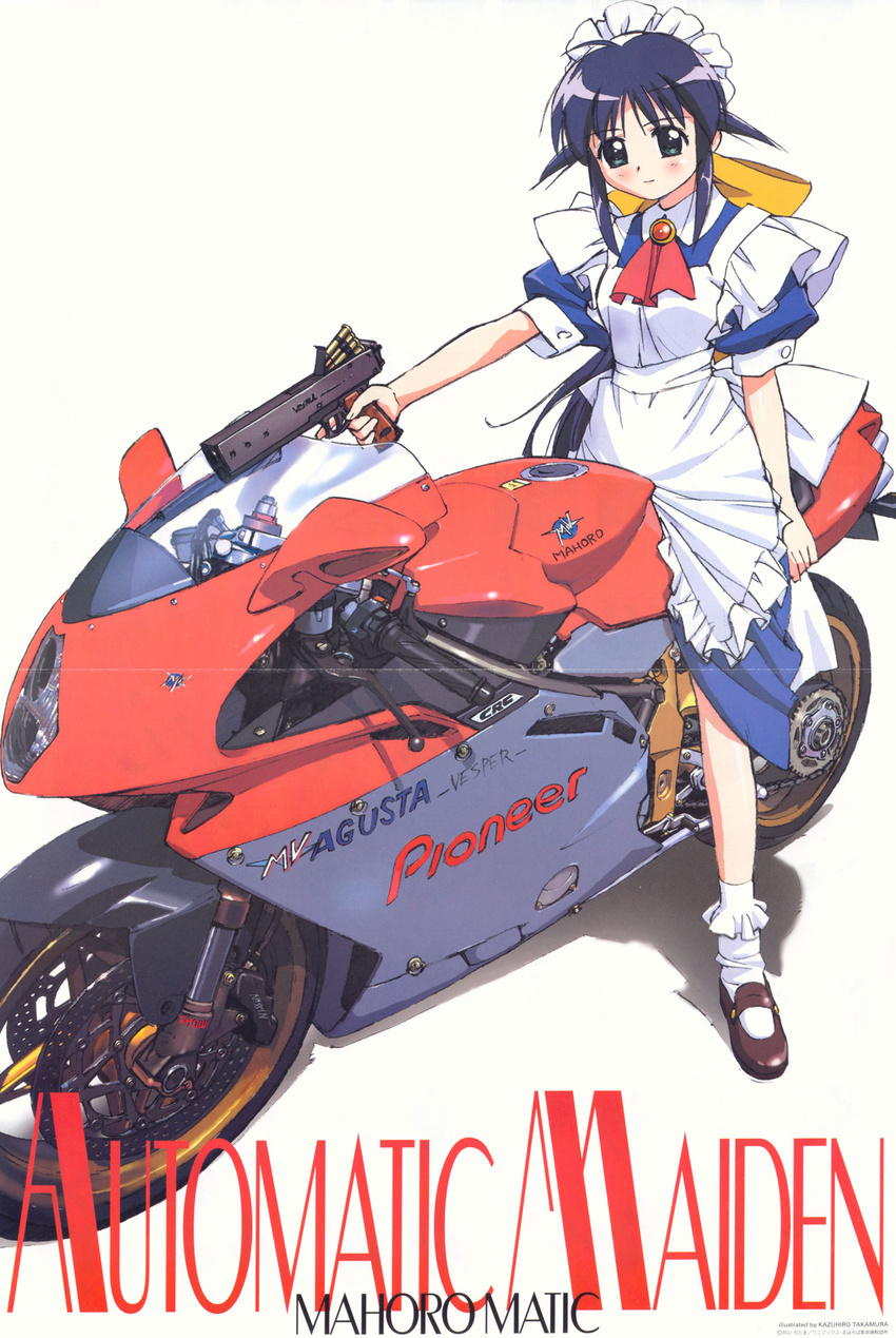 absurdres andou_mahoro blue_hair green_eyes highres mahoromatic maid motor_vehicle motorcycle vehicle