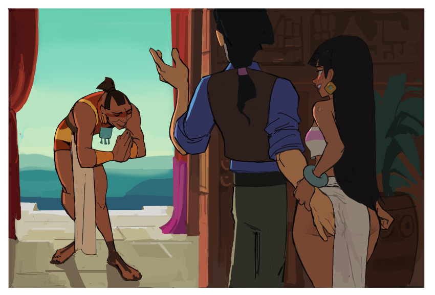 1girl 2boys amugea architecture ass black_hair blunt_bangs blush border bowing chel_(el_dorado) closed_eyes commentary curtains dark-skinned_female dark-skinned_male dark_skin earrings english_commentary from_behind grabbing_another's_ass groping hand_on_another's_wrist highres indoors interracial jewelry long_hair looking_at_another low_ponytail mesoamerican_architecture midriff multiple_boys paid_reward_available parted_lips pelvic_curtain pink_tube_top ponytail smile strapless sweat the_road_to_el_dorado tube_top tulio_(el_dorado) two-tone_tube_top tzekel-kan white_border white_loincloth wide_hips