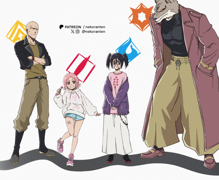 2boys 2girls :< alternate_costume bald black_boots black_hair bleach blush_stickers boots brown_eyes candy cardigan coat commentary crossed_arms eyeliner food furry furry_male grin hair_between_eyes hands_in_pockets height_difference highres holding holding_candy holding_food holding_lollipop hood hoodie knee_boots komamura_sajin kusajishi_yachiru leaning_forward lollipop long_coat long_skirt madarame_ikkaku makeup multiple_boys multiple_girls nekoranten pink_hair pink_shirt pink_shoes purple_cardigan red_coat red_eyeliner shirt shoes short_hair short_shorts shorts skirt sleeves_past_wrists smile sneakers tsumugiya_ururu twintails white_hoodie