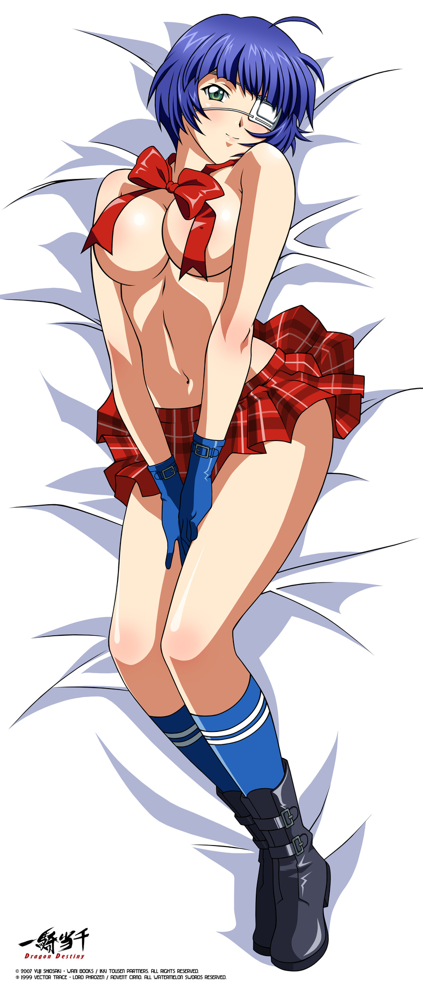 absurdres ahoge ankle_boots bangs bed_sheet between_legs blue_gloves blue_hair blue_legwear blunt_bangs blush body_blush boots bow bowtie breasts buckle cleavage convenient_censoring copyright_name covered_nipples dakimakura dated eyepatch full_body gloves green_eyes hand_between_legs head_tilt highres ikkitousen ikkitousen_dragon_destiny indoors kneehighs large_breasts light_smile logo long_image looking_at_viewer lying miniskirt navel neck_ribbon official_art on_back plaid plaid_skirt pleated_skirt red_skirt ribbon rin-sin ryomou_shimei school_uniform short_hair skirt solo tall_image topless underboob v_arms vector_trace