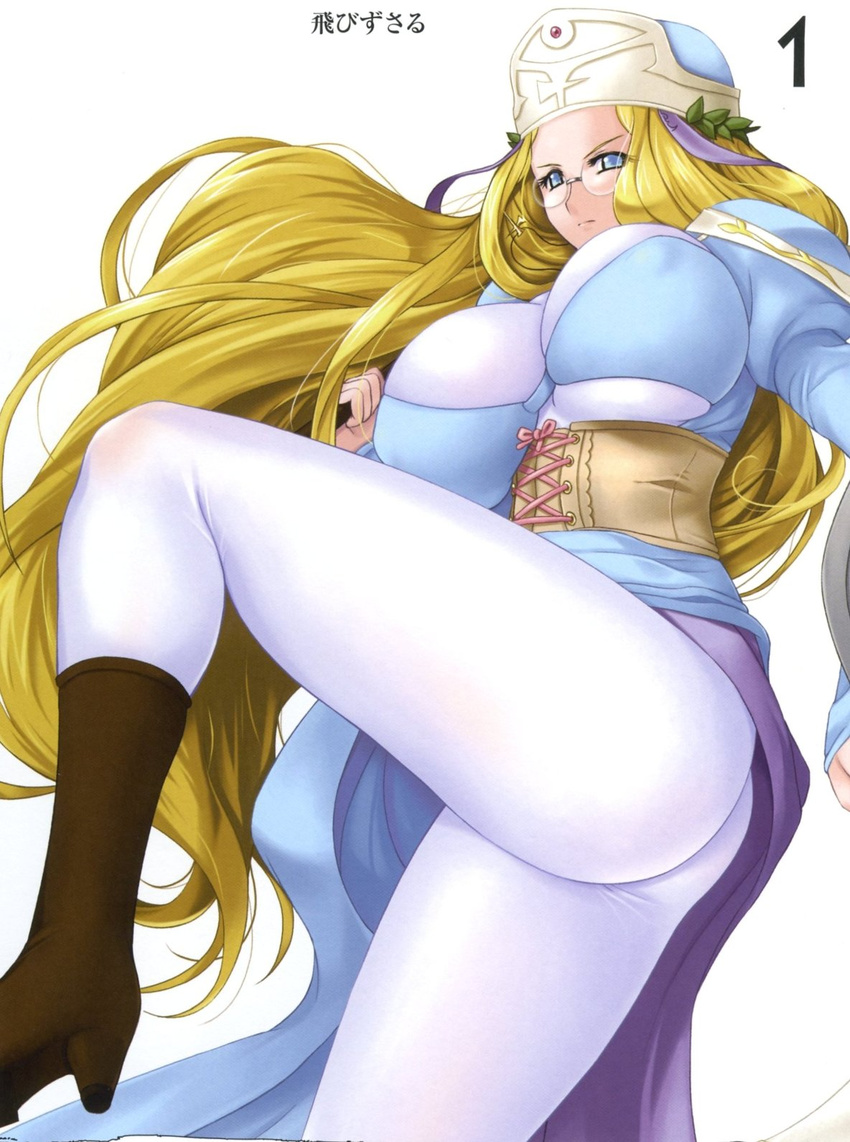 blonde_hair blue_eyes bodysuit breasts corset glasses high_heels highres huge_breasts long_hair melpha queen's_blade shield shoes solo very_long_hair white_bodysuit zundarepon