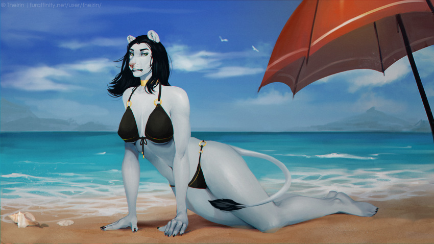 2019 5_fingers adhira_hale anthro beach bikini black_hair clothed clothing detailed_background digital_media_(artwork) felid female hair lion mammal pantherine sand seaside solo swimsuit theirin water