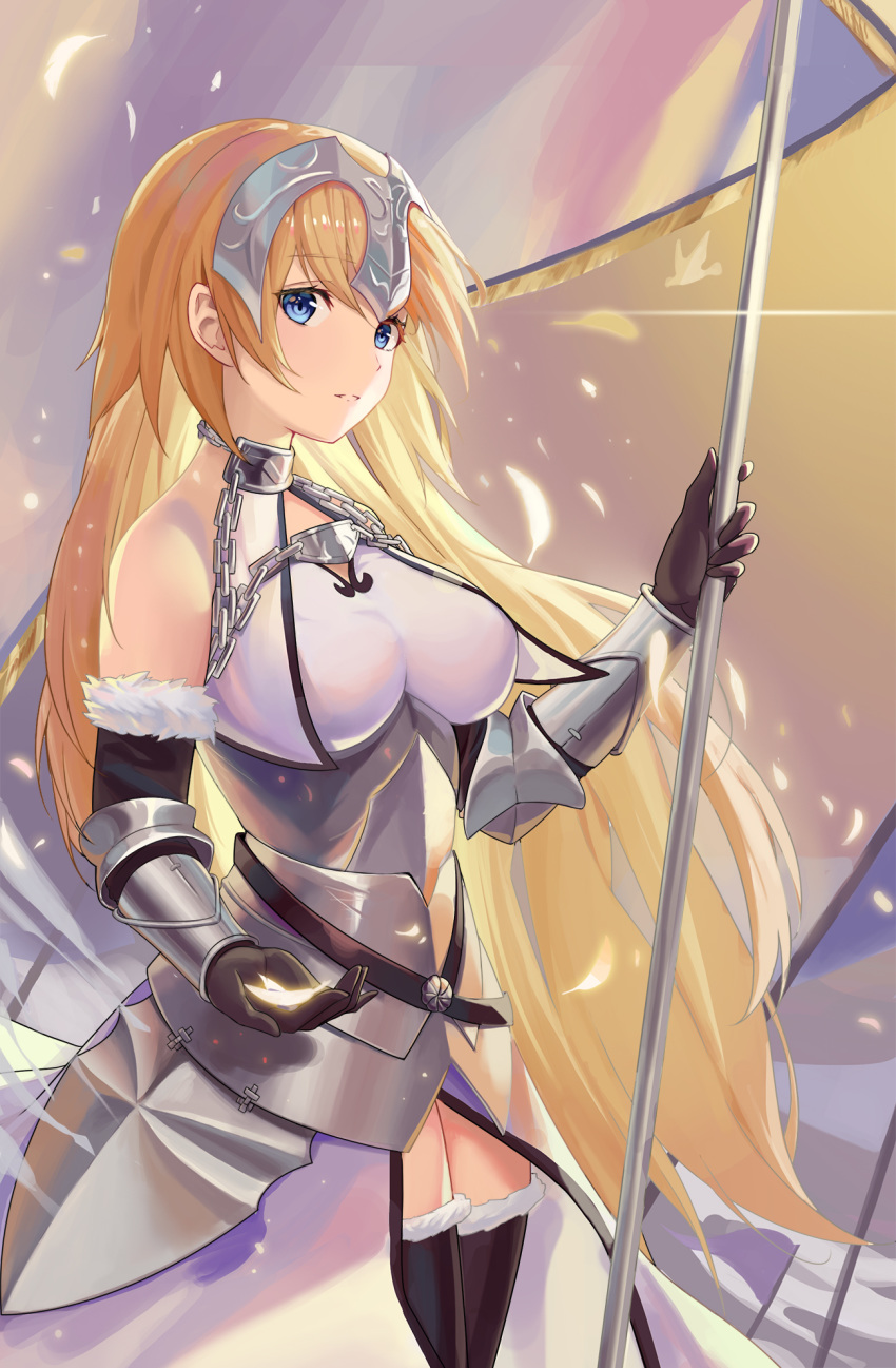 1girl armor armored_dress bangs bare_shoulders black_gloves black_legwear blonde_hair blue_eyes breasts chains commentary_request dress elbow_gloves eyebrows_visible_through_hair fate/grand_order fate_(series) feathers flag fur-trimmed_gloves fur-trimmed_legwear fur_trim gloves glowing hair_between_eyes headpiece highres holding holding_flag jeanne_d'arc_(fate) jeanne_d'arc_(fate)_(all) loading_(vkjim0610) long_hair looking_at_viewer medium_breasts parted_lips plackart sleeveless sleeveless_dress solo standard_bearer thighhighs very_long_hair white_dress white_flag