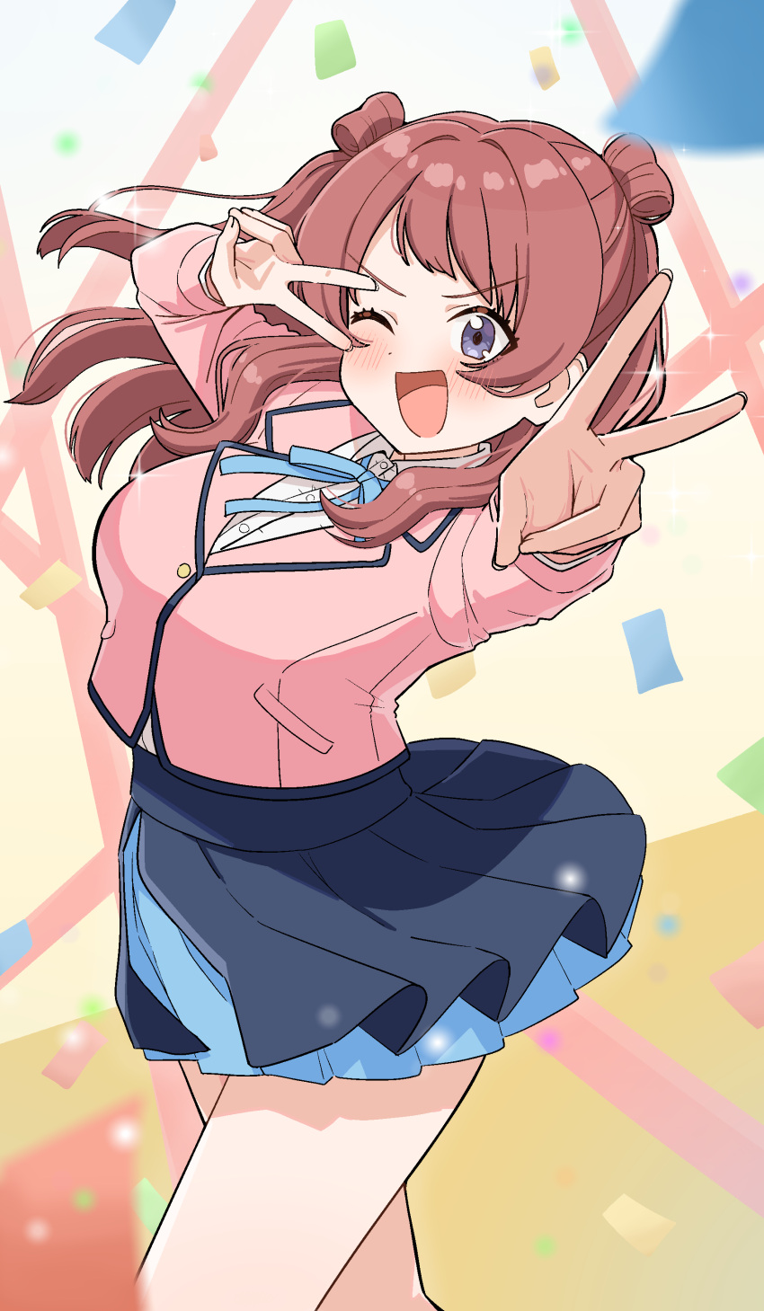 1girl absurdres aroon black_overskirt blue_eyes blue_overskirt blue_ribbon brown_hair collared_shirt commentary_request gakuen_idolmaster hanami_saki happy_birthday hatsuboshi_gakuen_school_uniform highres idolmaster jacket long_hair long_sleeves looking_at_viewer neck_ribbon open_mouth pink_jacket ribbon school_uniform shirt smile two_side_up v v_over_eye white_shirt