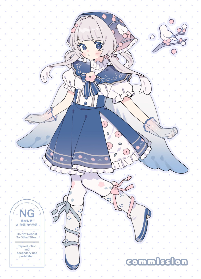 1girl :< animal_print bird bird_print blue_bow blue_bowtie blue_eyes blue_overskirt blue_skirt blunt_bangs blush_stickers boots bow bow_flower bowtie branch buttons closed_mouth commentary commission floral_print flower footwear_bow frilled_shirt_collar frilled_skirt frills full_body gloves hair_intakes hair_rings headdress high-waist_skirt highres knee_boots knees_together_feet_apart long_hair looking_to_the_side medium_skirt moi03_moi08 original overskirt pantyhose pink_bow pink_flower polka_dot polka_dot_background print_headwear print_skirt puffy_short_sleeves puffy_sleeves see-through_clothes see-through_gloves shirt short_sleeves sidelocks skeb_commission skirt solo striped_bow striped_bowtie striped_clothes watermark white_background white_bird white_boots white_hair white_pantyhose white_shirt white_skirt