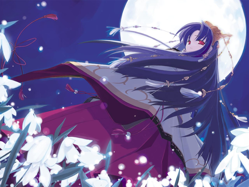 artist_request blue_hair flower full_moon hair_ornament japanese_clothes long_hair looking_back makino_nanami moon night red_eyes snowdrop_(flower) solo suigetsu