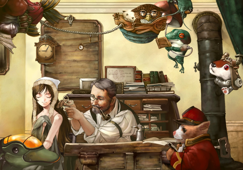 1girl analog_clock animal beard bird book brown_hair clock clockwork clothed_animal desk doll doll_joints dolphin duck facial_hair frog glasses indoors jisol_(song_jewheon) key long_sleeves monocle owl pipe pipe_in_mouth roman_numerals rozen rozen_maiden source_request suiseiseki third-party_edit wall_clock winding_key